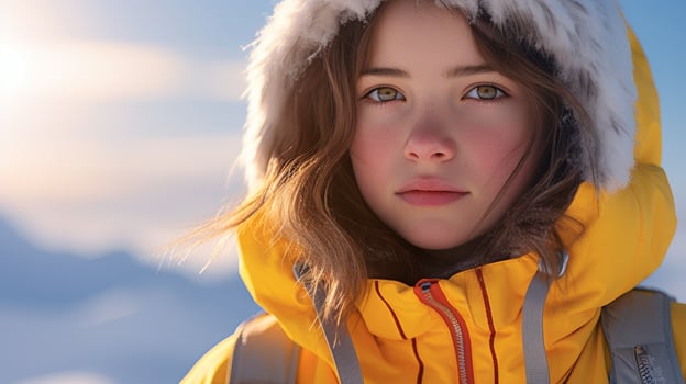 young woman in yellow winter coat with fur hood photo