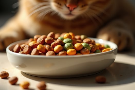 A cat is looking at a bowl of food photo