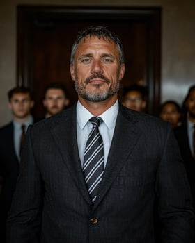 Confident businessman standing in front of his team, corporate portrait photo