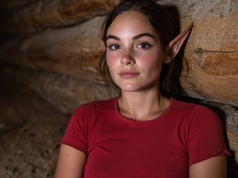 Portrait of a young woman with elf ears, sitting against a log cabin wall photo