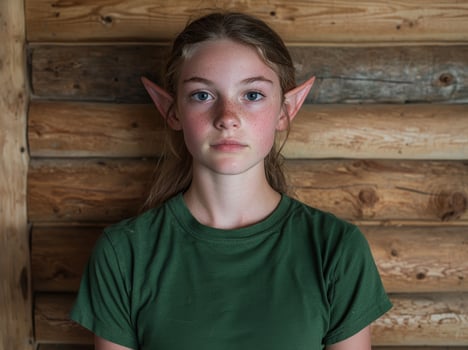 Portrait of a young girl with elf ears against a wooden background photo