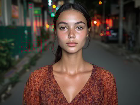 Young woman in orange dress posing outdoors at night photo