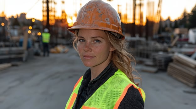 Confident female construction worker on a building site at sunset photo