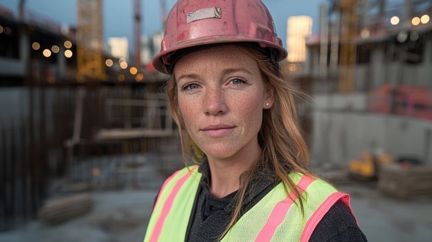 Confident female construction worker on a building site photo