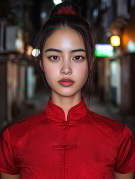 Portrait of a young woman in traditional red dress, night city background photo