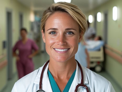 Smiling female doctor in hospital hallway photo