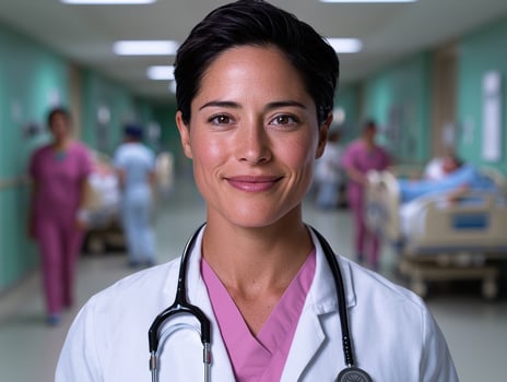 Confident female doctor smiling in hospital hallway photo