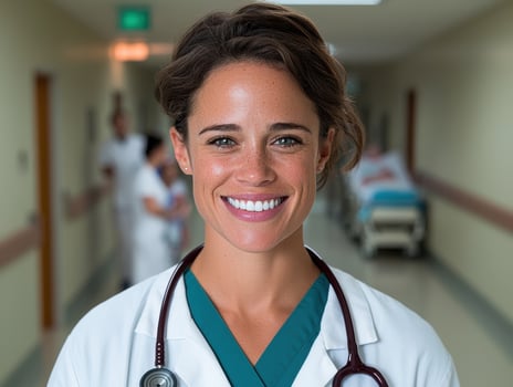 Smiling female doctor in hospital hallway photo
