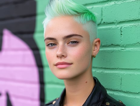Close up portrait of a young woman with short, bright green hair, leaning against a mint green brick wall photo