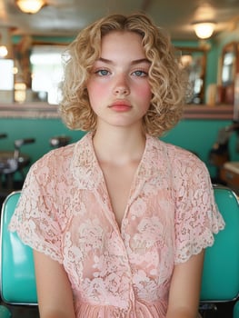 Young woman with curly blonde hair wearing a pink lace dress photo