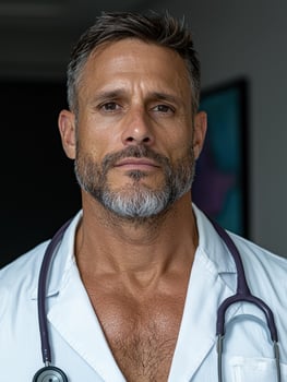 Portrait of a serious male doctor wearing a white coat and stethoscope photo