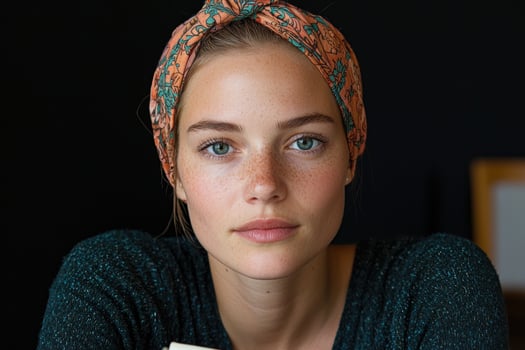 Close up portrait of a young woman with freckles wearing a patterned headscarf photo