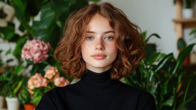 Portrait of a young woman with curly auburn hair, wearing a black turtleneck sweater photo