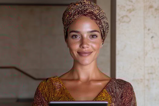 Confident businesswoman in headscarf using tablet photo