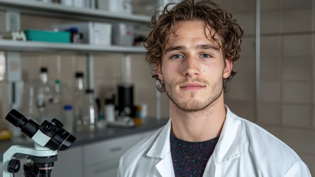 Young male scientist in a lab coat looking at the camera photo