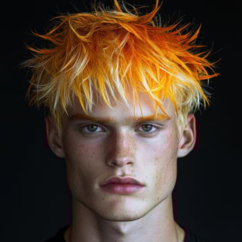 Close up portrait of a young man with vibrant orange and blonde spiky hair photo