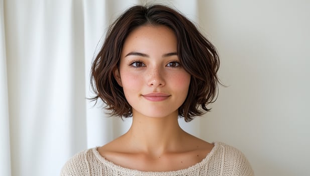 Portrait of a young woman with short brown hair and freckles photo