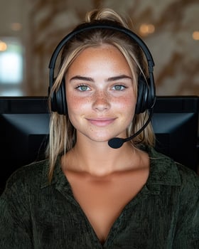 Young woman working from home in a headset photo