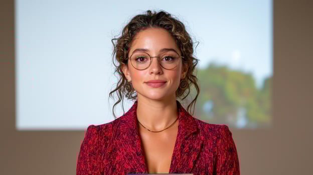 Portrait of a young woman with glasses wearing a red blazer photo