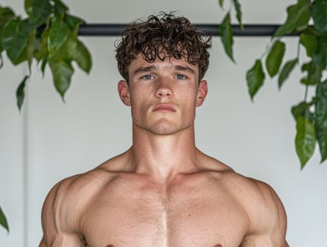 Shirtless muscular man with curly hair posing in front of a white wall photo