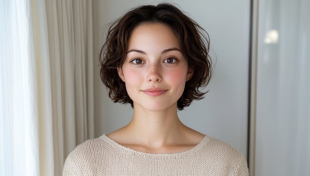 Portrait of a young woman with freckles and short brown hair smiling gently photo