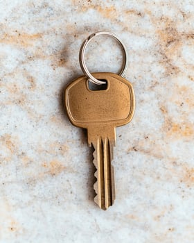 Close up of a gold key with a silver keyring on a marble surface photo