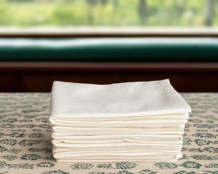 Stack of white napkins on a patterned table photo