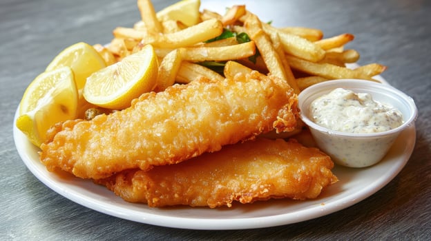 Delicious crispy fish and chips with tartar sauce and lemon wedges photo