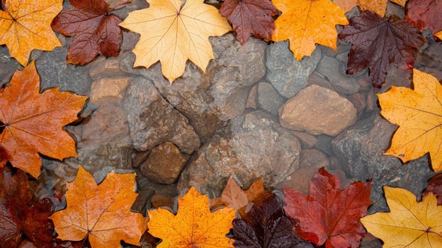Autumn leaves floating on water with rocks photo