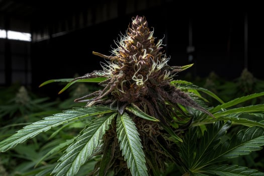 Close up of a cannabis sativa plant with purple buds in a dark indoor grow room photo