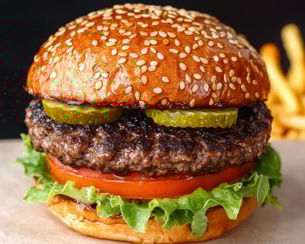 Juicy beef burger with sesame seed bun, lettuce, tomato, and pickles photo