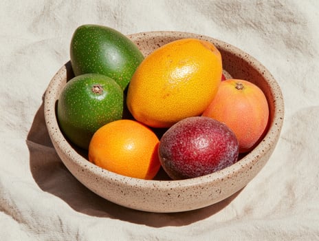 Assortment of exotic fruits in a speckled bowl photo