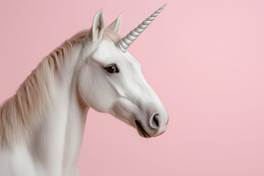 White unicorn horse with silver horn on pink background photo