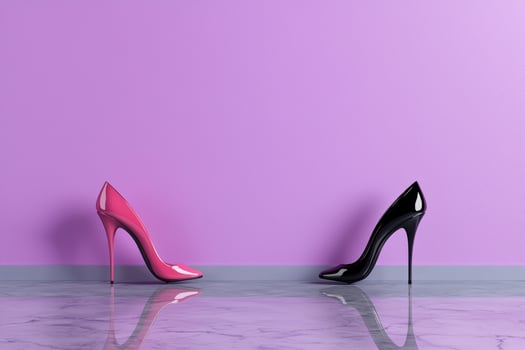 Pink and black high heels on marble floor against purple wall photo
