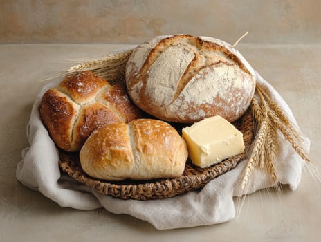 Artisan bread assortment in a wicker basket with butter photo