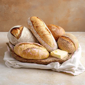 Assortment of freshly baked artisan bread in a wicker basket photo