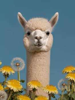 Adorable white alpaca surrounded by dandelions in a field photo