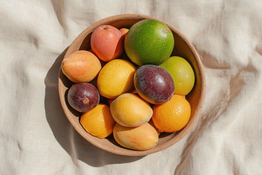 Colorful summer fruits in a rustic bowl on a beige linen background photo