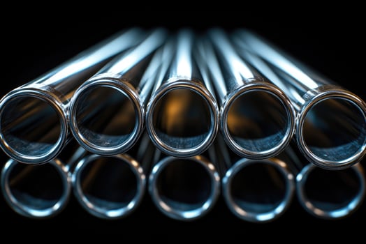 Stack of stainless steel pipes forming a metallic pattern on black background photo