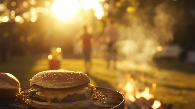 Burgers sizzle on a grill while friends enjoy an evening outdoors. The golden sunset casts a warm glow over the scene, creating a relaxed atmosphere perfect for summer fun. photo