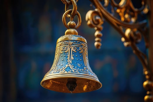 Golden and blue church bell hanging and ringing in a christian church photo