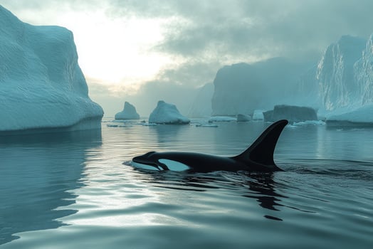 Orca swimming in arctic sea with icebergs and glaciers during sunset photo
