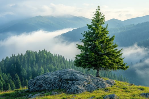 Lonely pine tree growing on a rock in misty mountains photo