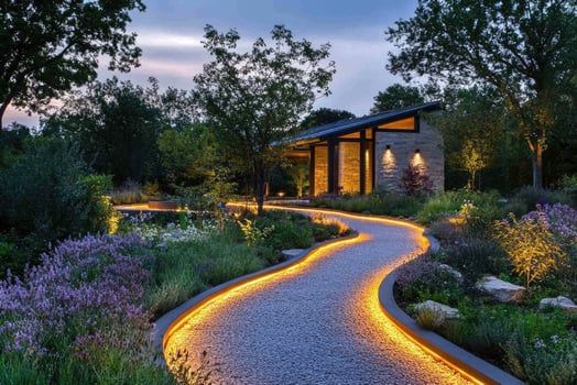 Winding garden path leading to modern home at dusk with landscape lighting photo