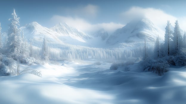 Winter Scene with Frosted Forest and Majestic Mountains photo