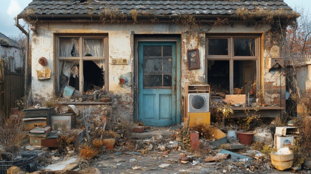Abandoned blue house with overgrown garden and pumpkins during autumn photo