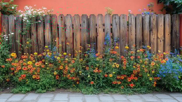 Beautiful pink climbing roses adorning a weathered wooden fence in a serene garden setting photo