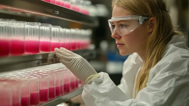 Young scientist examines test tubes in a laboratory setting during research on chemical reactions photo