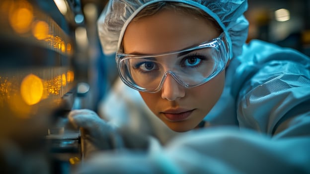 Young scientist examines test tubes in a laboratory setting during research on chemical reactions photo