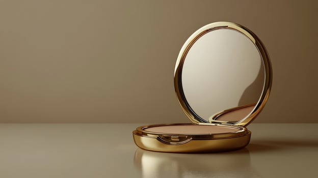 Luxurious golden compact with a mirrored lid resting on a light surface at an elegant angle photo